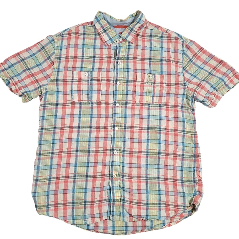 Tommy Bahama Button Down Mens XL Multicolor Plaid Linen Cotton Short Sleeve